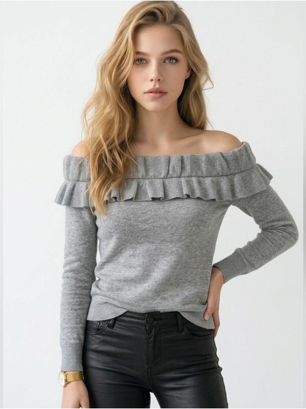 Club Monaco Off-Shoulder Ruffle Cashmere Sweater - Gray